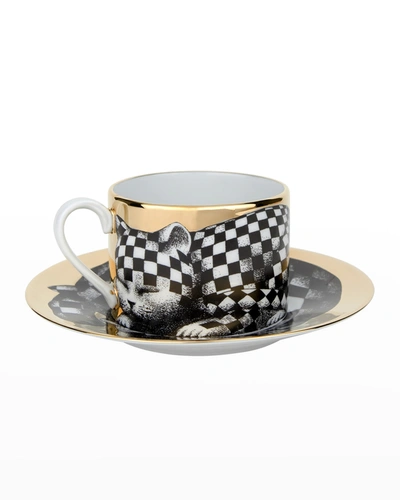 Fornasetti Tea Cup High Fidelity Quadrettato Checkered Cat In White/black/gold