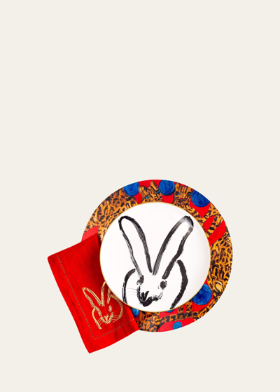 Hunt Slonem Painted Bunny Embroidered Dinner Napkin, Red/gold In Multi