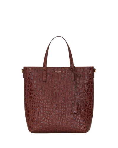 Saint Laurent Ysl Toy Shopping Stamped Croc Tote Bag In Brown