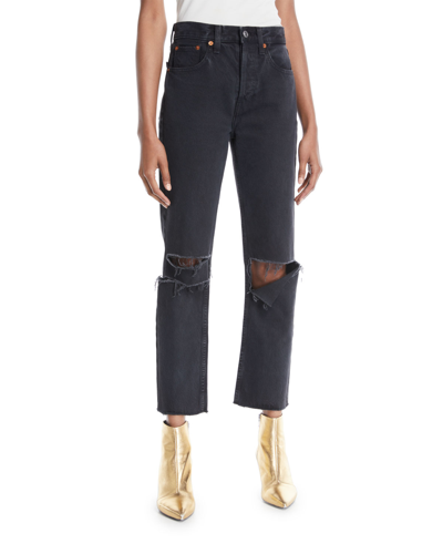 Re/done High-rise Distressed Straight-leg Jeans In Washed Blk W Rip