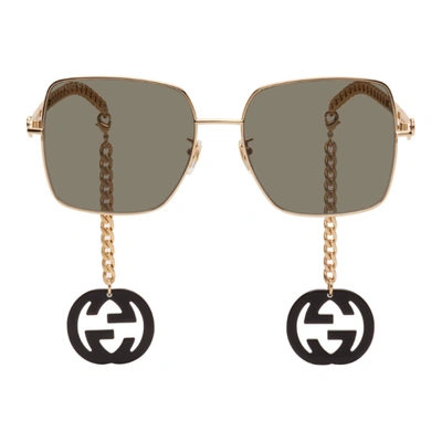 Gucci Gold & Black Square Chain Sunglasses In 001 Gold
