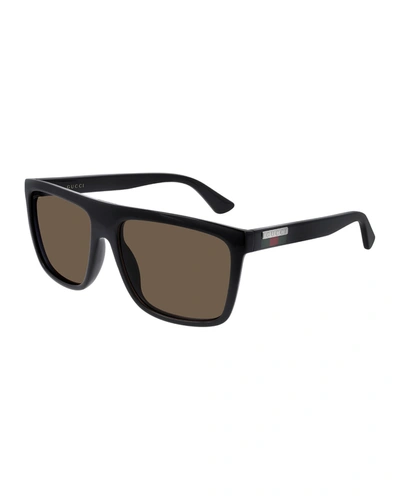 Gucci Men's Web Square Flat-top Injection Sunglasses In Black | ModeSens