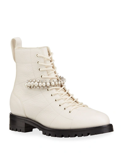 Jimmy Choo Cruz Quilted Crystal-strap Combat Booties In White