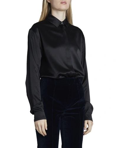 Saint Laurent Long-sleeve Button-down Satin Blouse In Black