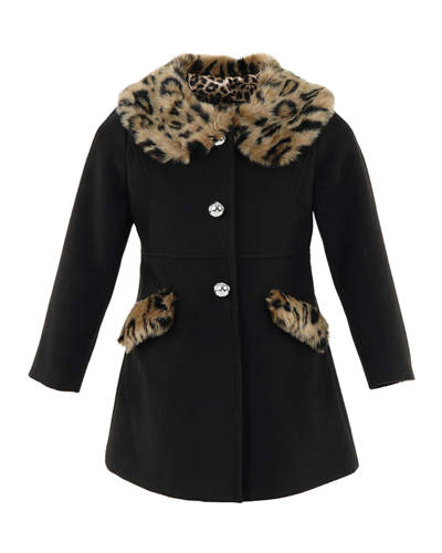 Fabulous Furs Kids' Girl's Little Lady Faux-fur Leopard-print Trim Coat In Black