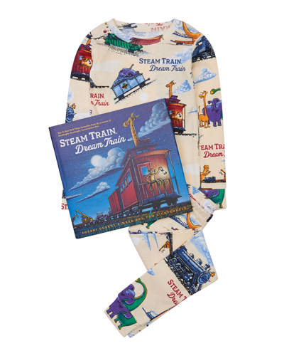 Books To Bed Kids' Steam Train, Dream Train Fitted Two-piece Cotton Pajamas & Book Set In Cream