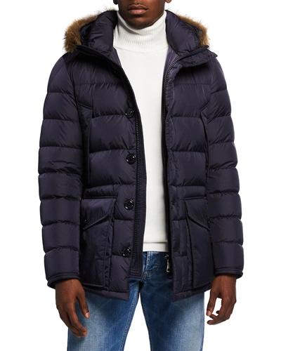 Moncler Men's Cluny Quilted Puffer Jacket W/ Fur Trim In Navy | ModeSens