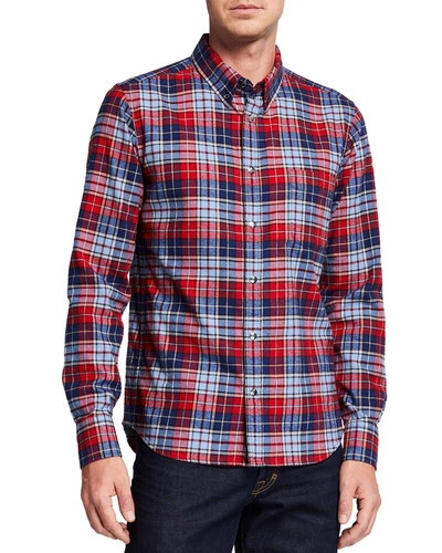 Moncler Men's Plaid Flannel Sport Shirt In Blue/red