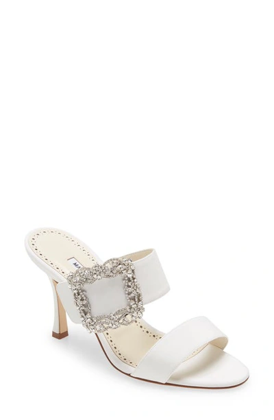 Manolo Blahnik Gable Silk Crystal Buckle Slide Sandals, Cream In White