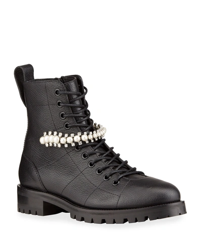 Jimmy Choo Cruz Quilted Crystal-strap Combat Booties In Black