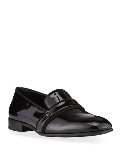 Ferragamo Men's Pilatu Patent Leather Slip-ons In Black
