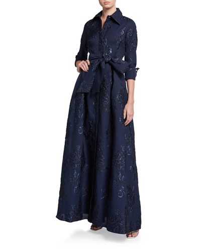 Rickie Freeman For Teri Jon Belted Jacquard Shirtdress Gown In Navy