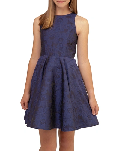 Un Deux Trois Kids' Girl's Floral Racerback Jacquard Dress In Navy