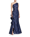 Rickie Freeman For Teri Jon Metallic Jacquard One-shoulder Side-ruffle Gown In Navy