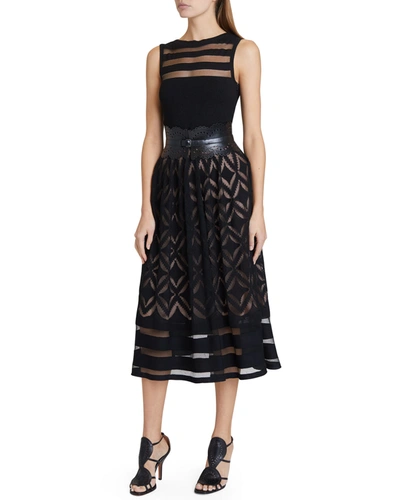 Alaïa Sheer Geometric Pattern Midi Dress In Noir