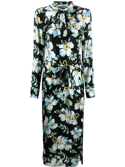 Tom Ford Floral-print Mid-length Pussy-bow Dress In Multicolore