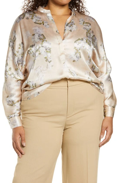 Vince Hazy Blossom Silk Collared Blouse In Shell