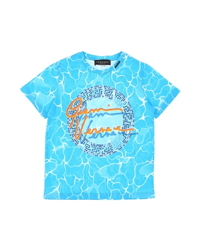 Versace Kids' Boy's Logo & Greek Key Pool-print Shirt In Blue