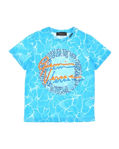 Versace Kids' Boy's Gv Signature Greek Key Pool-print Shirt In Blue