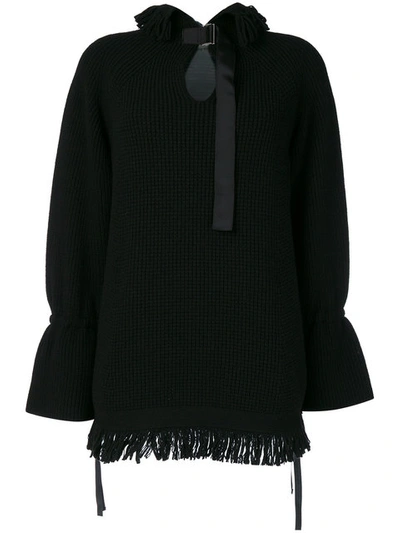 Sacai Fringed Fisherman Knit Sweater In Black