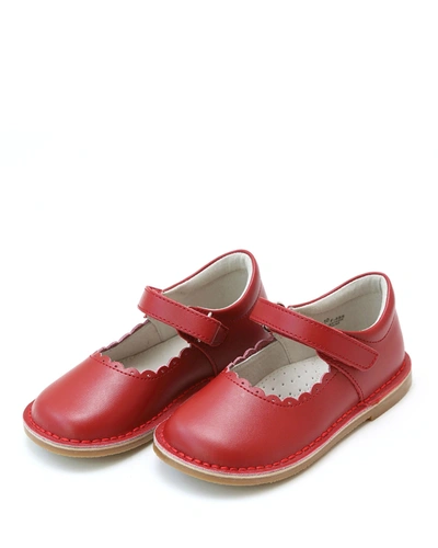 L'amour Shoes Kids' Girl's Caitlin Scalloped Grip-strap Mary Jane Shoes, Baby/toddlers In Red