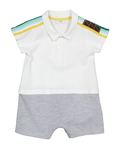 Fendi Kids' Boy's Striped Logo Short-sleeve Polo Playsuit In White