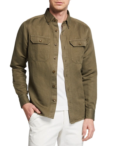 Tom Ford Men's Garment-dyed 2-pocket Sport Shirt In Md Brw Sld