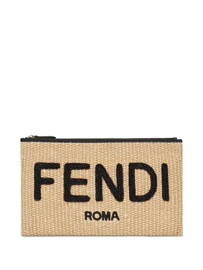 Fendi Medium Logo-embroidered Flat Clutch In Neutrals