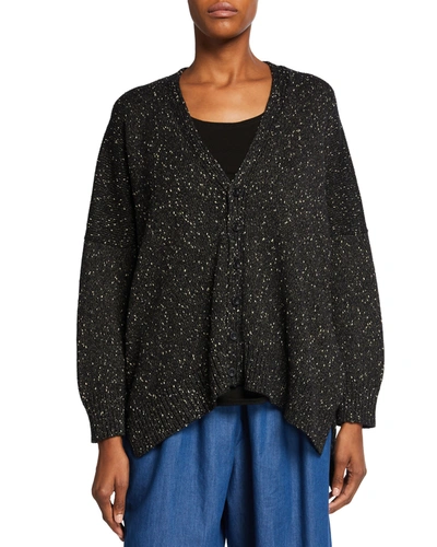 Eskandar Mid Plus Metallic Knit High-low Cardigan In Black