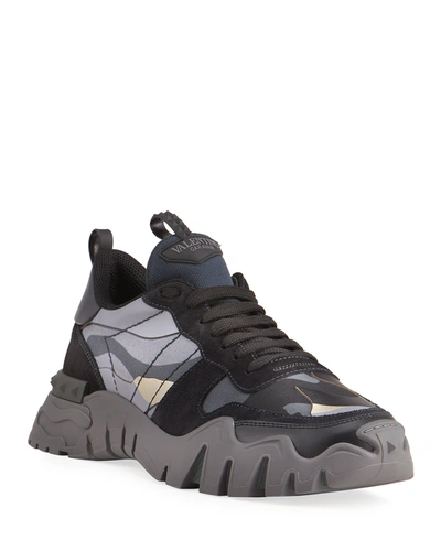 Valentino Garavani Men's Rock Stud Camo-print Runner Sneakers In Dark Gray