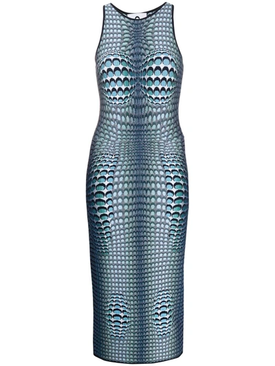 Marine Serre Moon Fish Skin Jacquard Midi Dress In Blue,light Blue,white