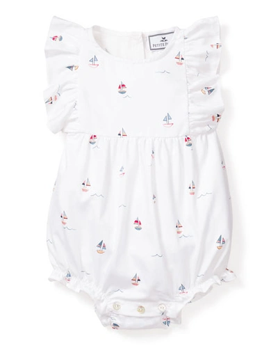 Petite Plume Babies' Kids' Ruffle Sailboat Print One-piece Pajamas In White