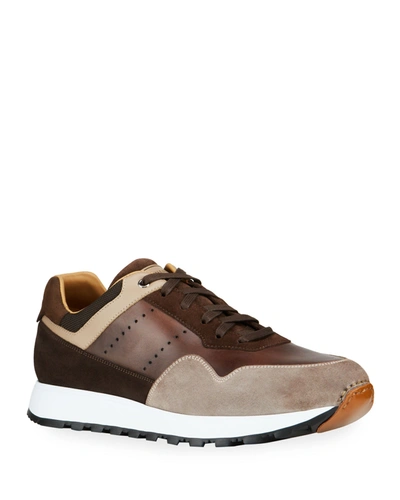 Magnanni Men's Earthe Tone Mix-leather Runner Sneakers In Brown