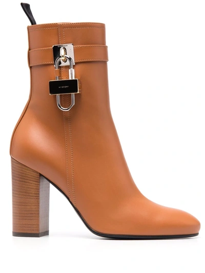 Givenchy 4g Lock Block-heel Leather Booties In Tan