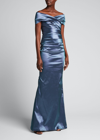 Rickie Freeman For Teri Jon Off-shoulder Ruched Taffeta Gown In Slate