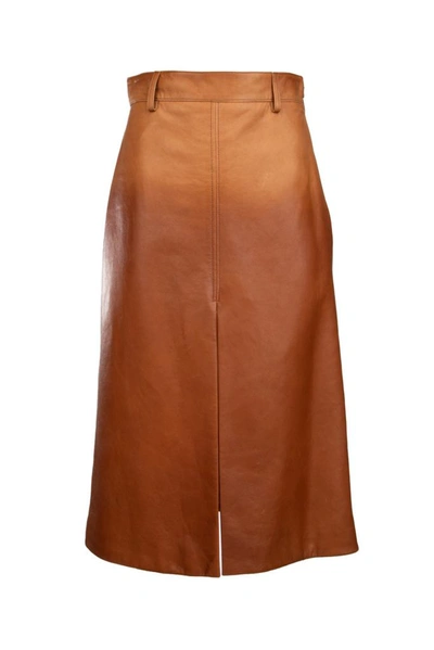 Prada Leather Midi Skirt In Brown