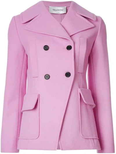 Valentino Double Breasted Cool Wool Peacoat In Cherry Blossom