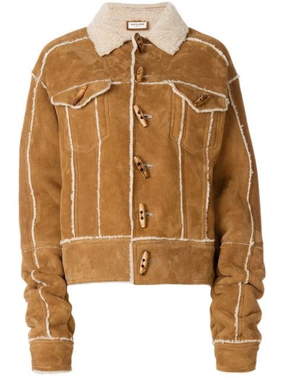 Saint Laurent Contrast-trim Shearling Jacket In Brown