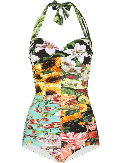 Dolce & Gabbana Floral Patchwork Shirred Halter One-piece Swimsuit In Multicolour