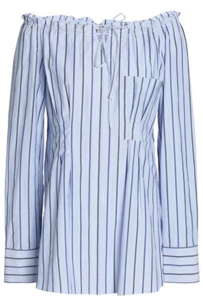 Tibi Woman Off-the-shoulder Striped Cotton-poplin Top Light Blue