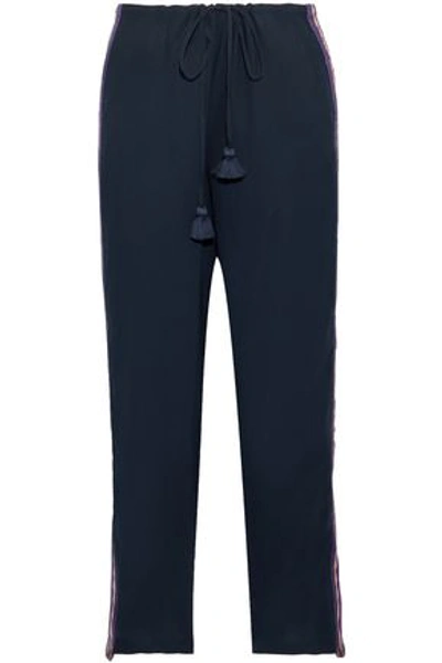Figue Tasseled Embroidered Crepe De Chine Wide-leg Pants In Midnight Blue