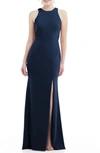 Dessy Collection Open-back Sleeveless Crepe Column Gown W/ Slit In Blue