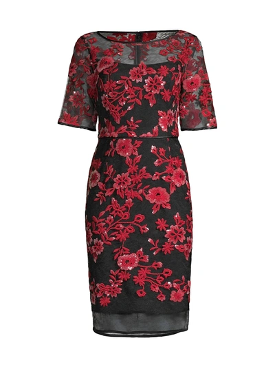 Shani Embroidery Illusion Elbow-sleeve Cocktail Dress In Red Black