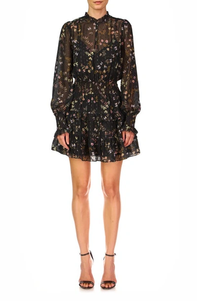 ml Monique Lhuillier Floral Fil Coupe Long Sleeve Fit & Flare Dress In Jet Whimsical Field