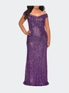 La Femme Plus Size Sequin Off-the-shoulder Column Gown In Purple