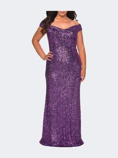 La Femme Plus Size Sequin Off-the-shoulder Column Gown In Purple