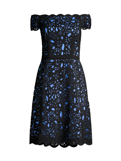 Shani Boat-neck Cap-sleeve Laser Cutting Dress In Black Blue