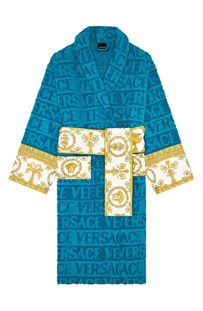 Versace Barocco & Robe Cotton Bathrobe In Capri Blue