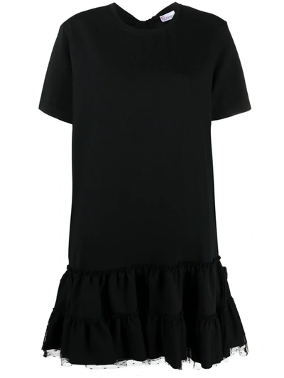 Red Valentino Short-sleeve Jersey Dress With Ruffles In Black