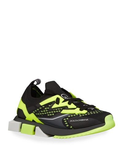Dolce & Gabbana Neon Logo Perforated Knit Sneakers, Toddler/kids In Black/yellow